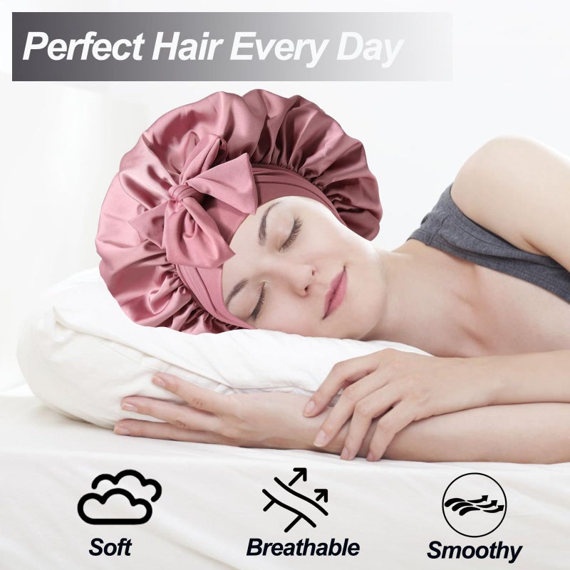 Confvrter 2PCS Silk Bonnet for Women, Satin Bonnet for Sleeping, Large Sleep Cap with Elastic Tie Band for Curly Hair (Bean Paste Pink+Black) - Image 5