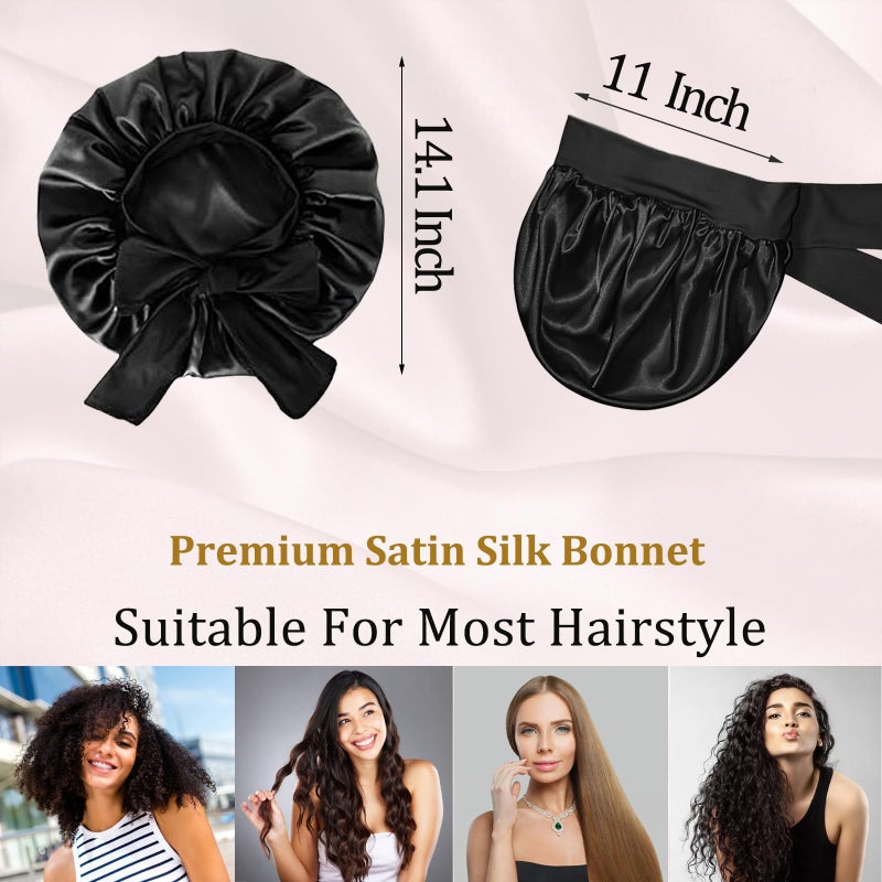 Confvrter 2PCS Silk Bonnet for Women, Satin Bonnet for Sleeping, Large Sleep Cap with Elastic Tie Band for Curly Hair (Bean Paste Pink+Black) - Image 2