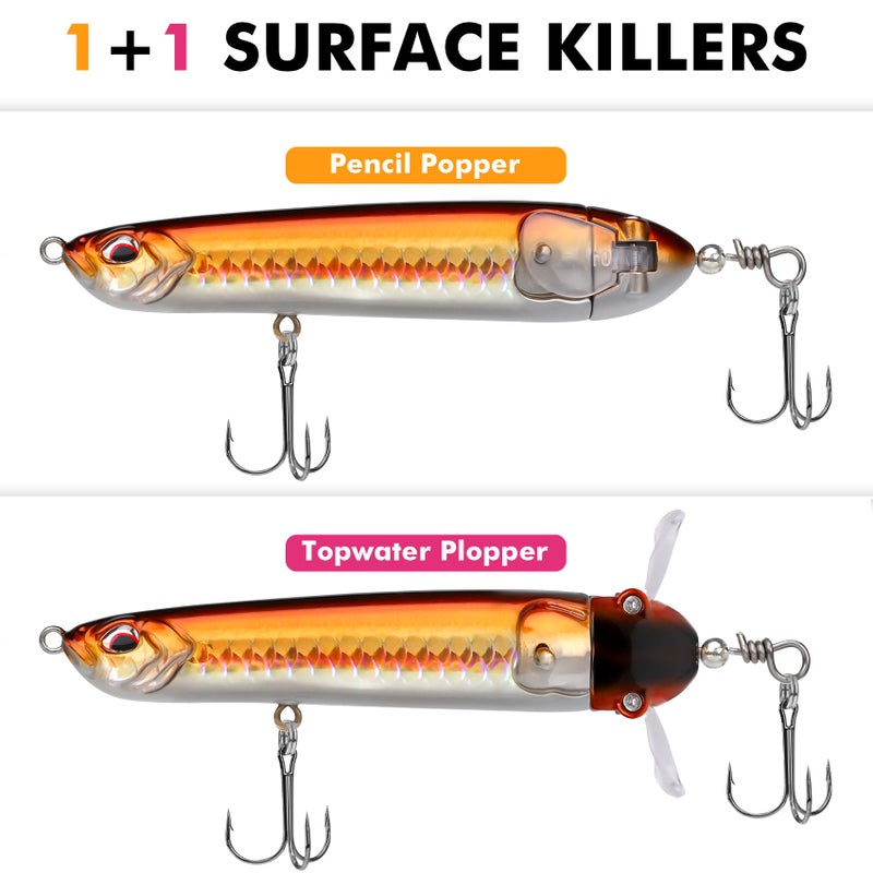 TRUSCEND Top Water Pencil Fishing Lures with Double Floating Rotating Tail, Surface Pencil Popper, Long Cast Premium Bass Bait with Rattle, Fishing Teasers Swimbaits for Freshwater Saltwater - Image 2