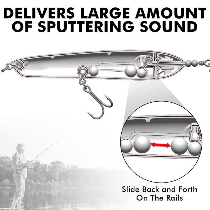 TRUSCEND Top Water Pencil Fishing Lures with Double Floating Rotating Tail, Surface Pencil Popper, Long Cast Premium Bass Bait with Rattle, Fishing Teasers Swimbaits for Freshwater Saltwater - Image 5