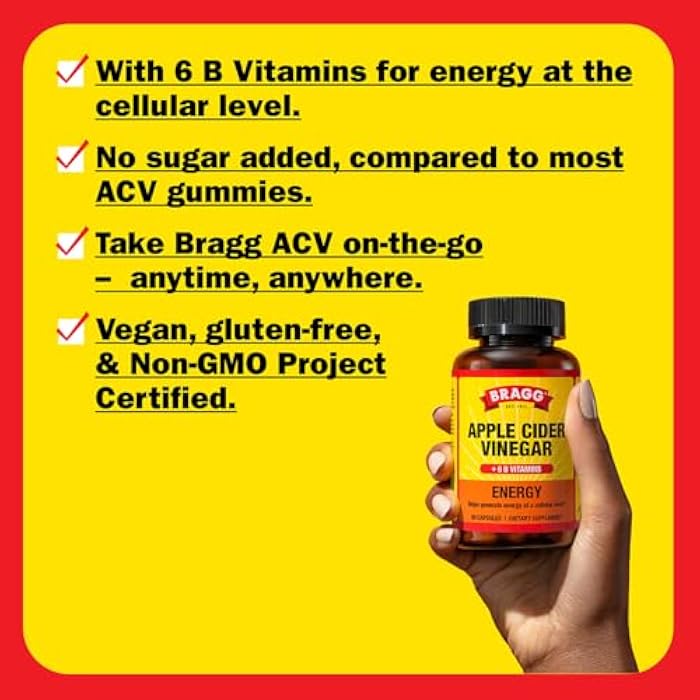 Bragg Energy Apple Cider Vinegar Capsules with B-12 Vitamins - 90 Capsules - Weight Management - Non-GMO, Vegan, Gluten Free, No Sugar - Helps Generate Energy at Cellular Level for Men and Women - Image 3
