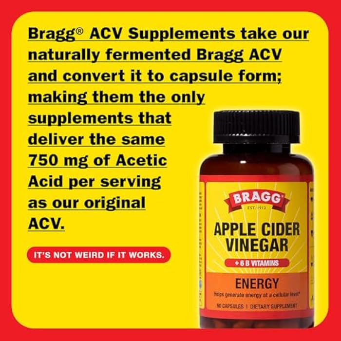 Bragg Energy Apple Cider Vinegar Capsules with B-12 Vitamins - 90 Capsules - Weight Management - Non-GMO, Vegan, Gluten Free, No Sugar - Helps Generate Energy at Cellular Level for Men and Women - Image 2