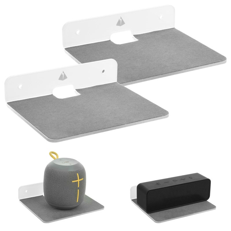 Wall Shelves - 2 Pack, Small Wall Mount for Speaker, Webcam, Cell Phones, Display Shelf (Silky White & Transparent, Medium)
