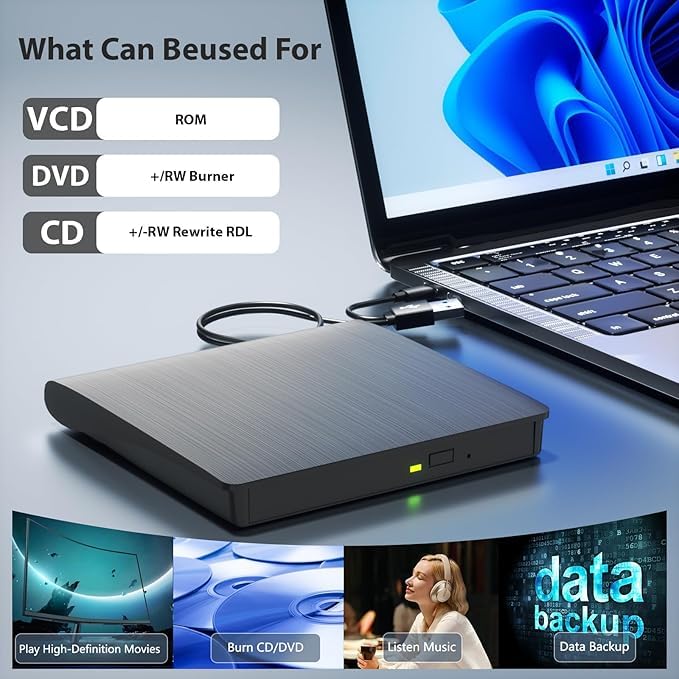 Wefly External USB 3.0 Portable Slim CD/DVD-ROM +-R-R-RW Burner Writer for Laptop Desktop Notebook Windows and Mac OS (Black) - Image 2