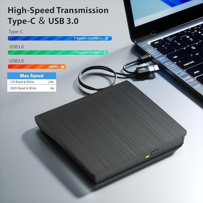 Wefly External USB 3.0 Portable Slim CD/DVD-ROM +-R-R-RW Burner Writer for Laptop Desktop Notebook Windows and Mac OS (Black) - Image 3