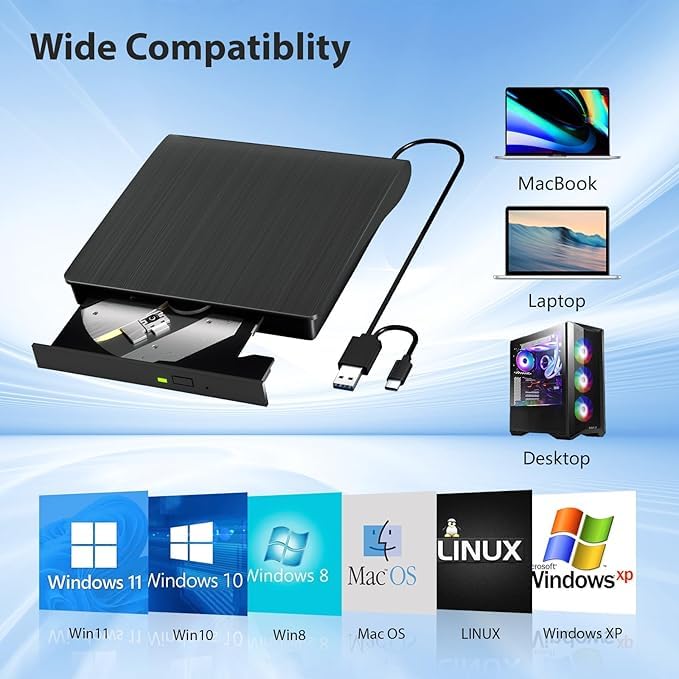 Wefly External USB 3.0 Portable Slim CD/DVD-ROM +-R-R-RW Burner Writer for Laptop Desktop Notebook Windows and Mac OS (Black) - Image 4