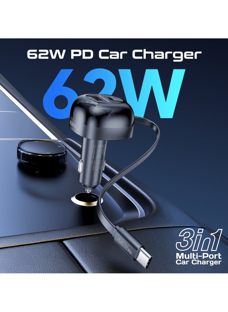 Promate 62W Car Charger With 45W Retractable USB-C PD Cable, Super-Fast PD36W USB-C Port, Rapid 18W Qualcomm Quick Charge 3.0, Temperature Control, Surge and Short Circuit Protection, PowerDrive-RC65 Black - Image 2