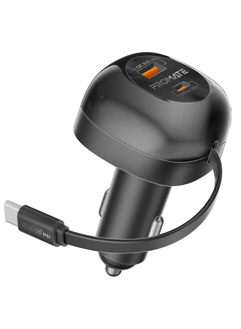 Promate 62W Car Charger With 45W Retractable USB-C PD Cable, Super-Fast PD36W USB-C Port, Rapid 18W Qualcomm Quick Charge 3.0, Temperature Control, Surge and Short Circuit Protection, PowerDrive-RC65 Black - Image 1