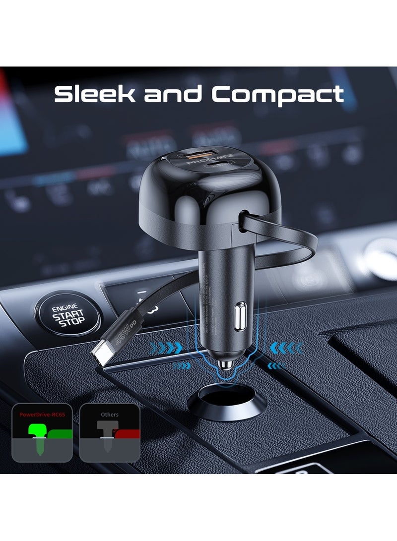 Promate 62W Car Charger With 45W Retractable USB-C PD Cable, Super-Fast PD36W USB-C Port, Rapid 18W Qualcomm Quick Charge 3.0, Temperature Control, Surge and Short Circuit Protection, PowerDrive-RC65 Black - Image 5