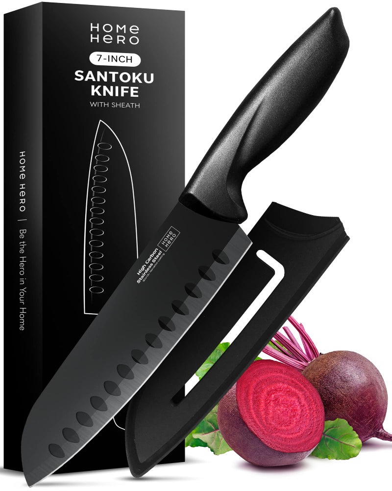 HomeHero Home Hero 2 Pcs Santoku Knife with Sheath - High Carbon Stainless Steel Chopping Knife with Ergonomic Handle - Razor-Sharp Multi-Purpose Kitchen Knife for Chopping Vegetable and Cooking (Black) - Image 1