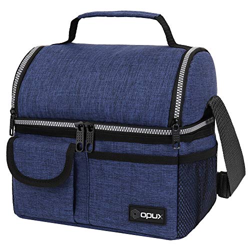 OPUX Lunch Box for Men Adult Lunch Box Cooler Insulated Lunch Bag Women Dual Compartment Lunchbox for Work Leakproof Double Decker Lunch Bag Soft Lunch Pail Tote Boys Girls Kids School Navy Blue