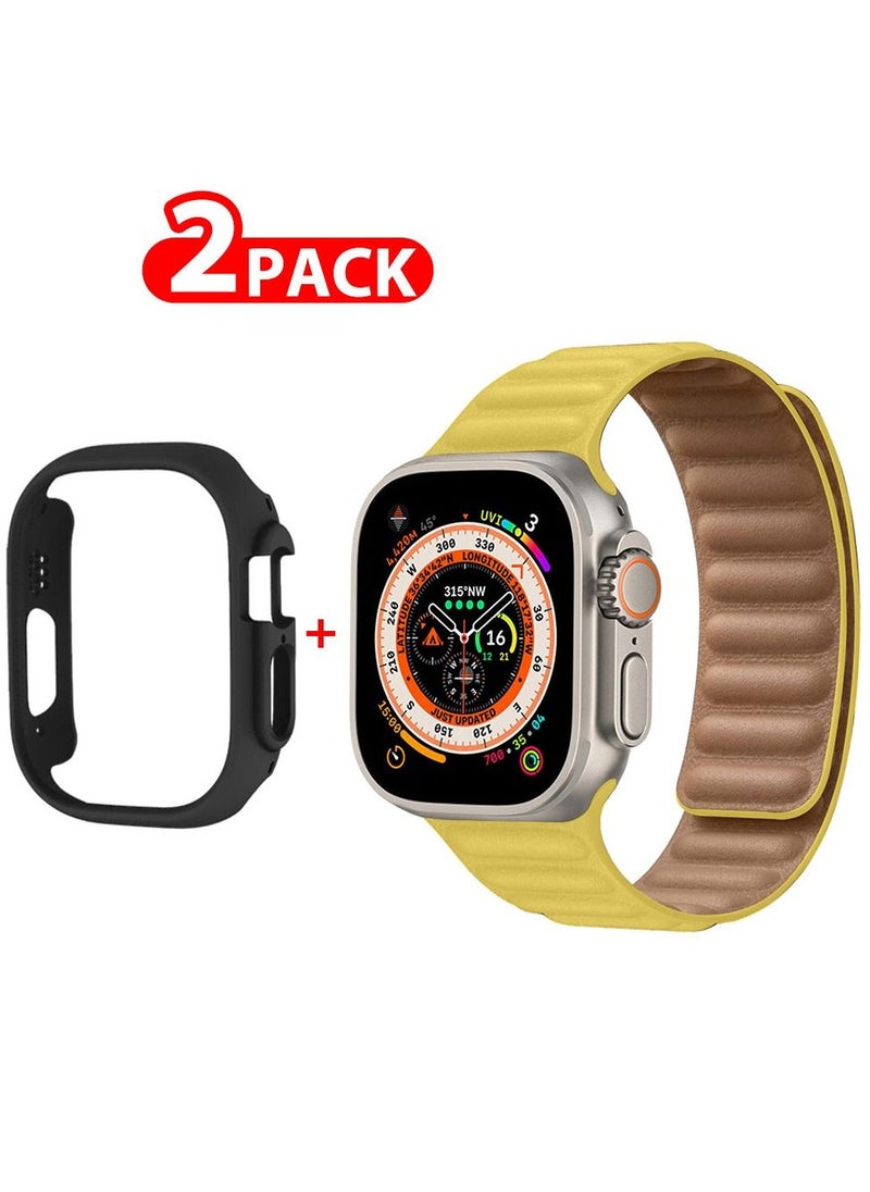 CATANES - 2 Packs For Apple Watch Band 49mm Leather Link Strap Magnetic Loop Bracelet and Black Case Holder Yellow - Image 1
