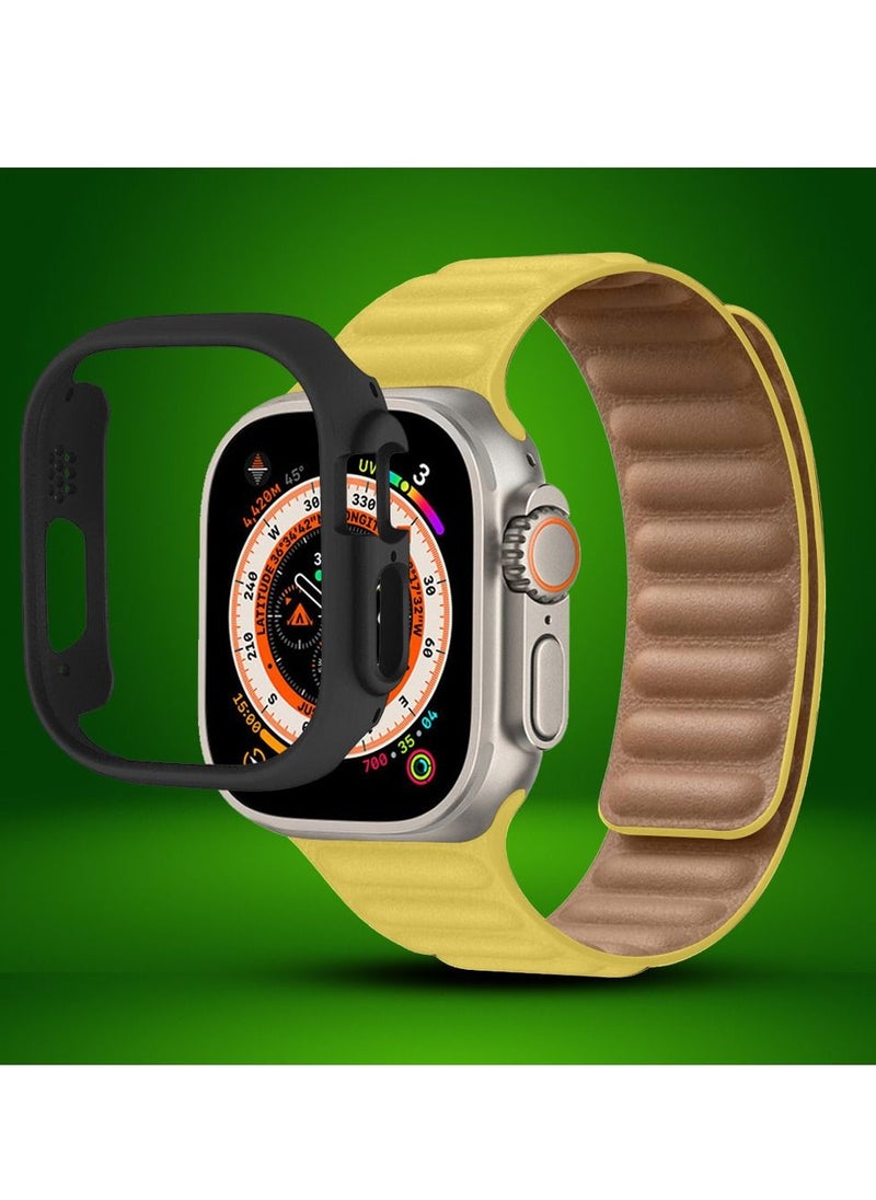 CATANES - 2 Packs For Apple Watch Band 49mm Leather Link Strap Magnetic Loop Bracelet and Black Case Holder Yellow - Image 1