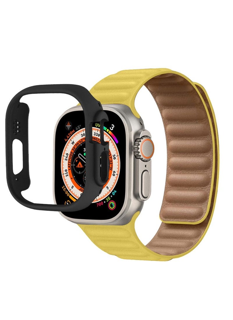 CATANES - 2 Packs For Apple Watch Band 49mm Leather Link Strap Magnetic Loop Bracelet and Black Case Holder Yellow - Image 1