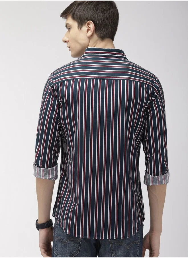 The Indian Garage Co Men Slim Fit Multi Striped Full Sleeves Cutaway Collar Casual Shirt