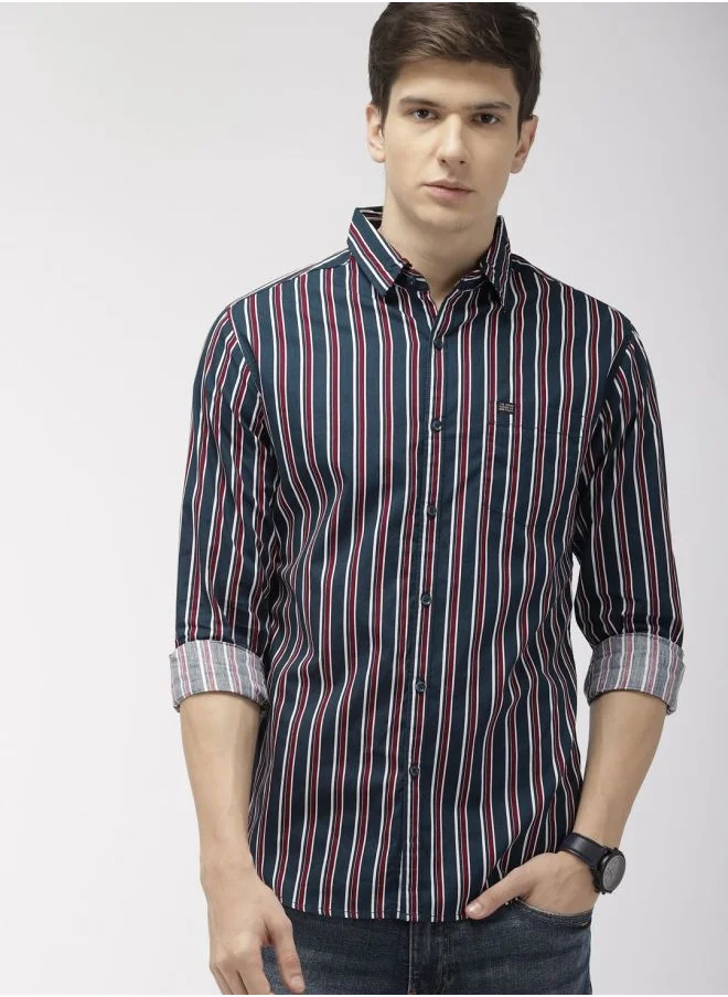 The Indian Garage Co Men Slim Fit Multi Striped Full Sleeves Cutaway Collar Casual Shirt