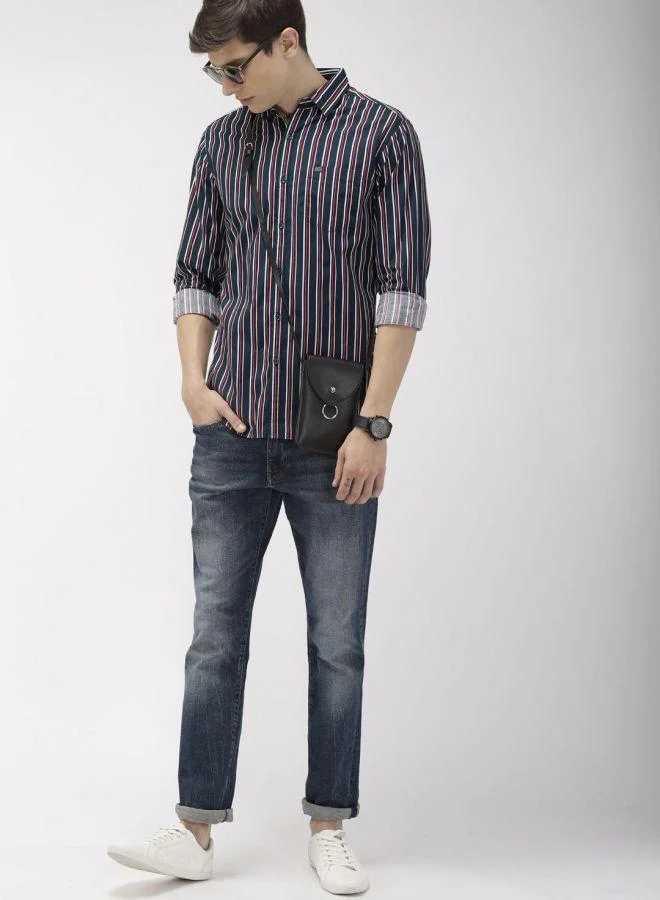 The Indian Garage Co Men Slim Fit Multi Striped Full Sleeves Cutaway Collar Casual Shirt