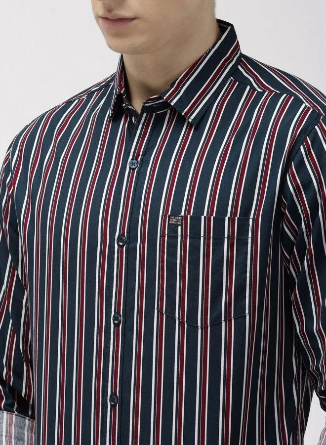 The Indian Garage Co Men Slim Fit Multi Striped Full Sleeves Cutaway Collar Casual Shirt