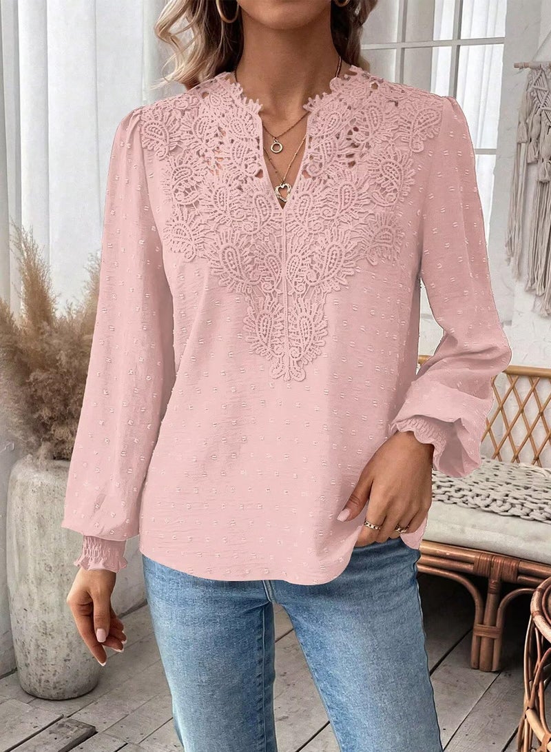 Falechay Winter Tops For Women Swiss Dots Long Sleeve Winter Blouse Boho Solid V Neck Lace Pom Pom Flowy Chiffon Babydoll Light Pink XL - Image 2