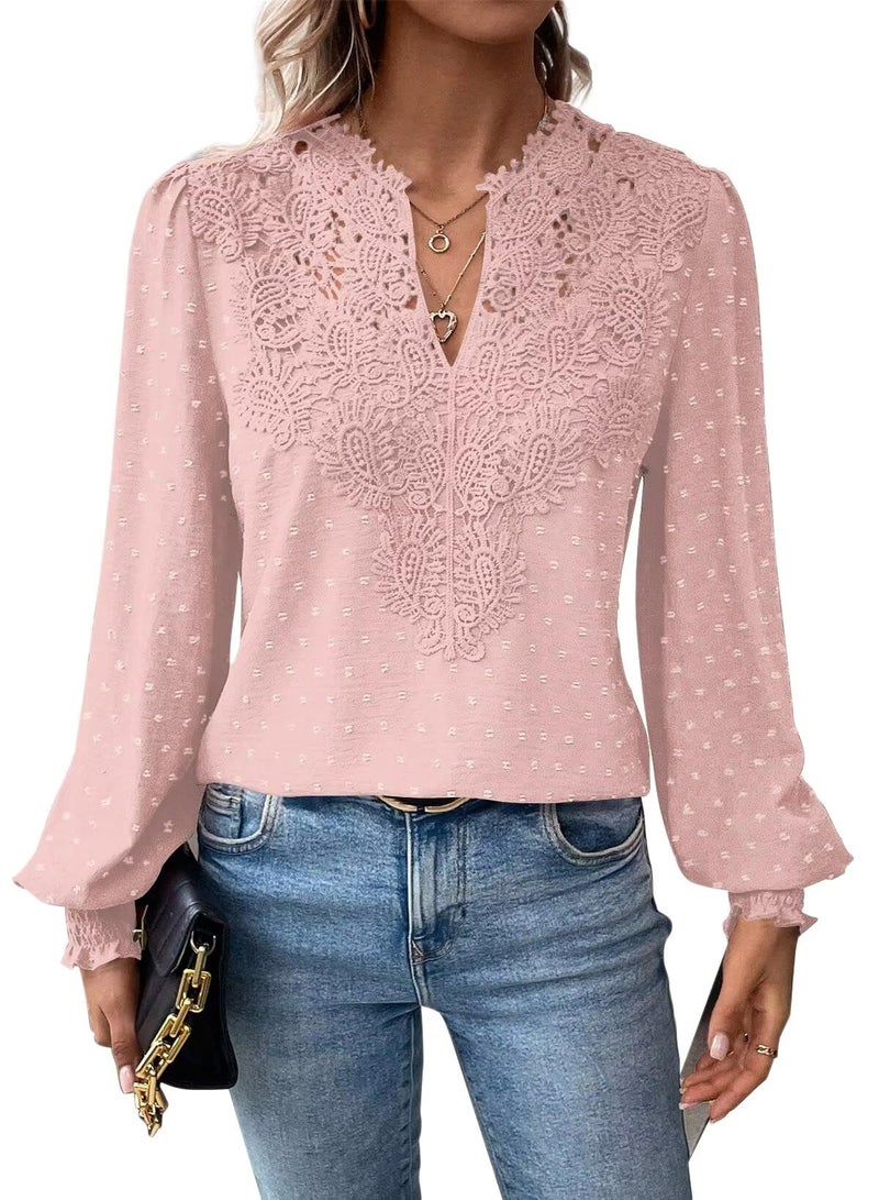 Falechay Winter Tops For Women Swiss Dots Long Sleeve Winter Blouse Boho Solid V Neck Lace Pom Pom Flowy Chiffon Babydoll Light Pink XL - Image 1