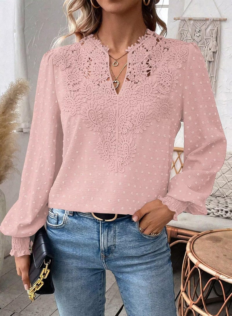 Falechay Winter Tops For Women Swiss Dots Long Sleeve Winter Blouse Boho Solid V Neck Lace Pom Pom Flowy Chiffon Babydoll Light Pink XL - Image 4