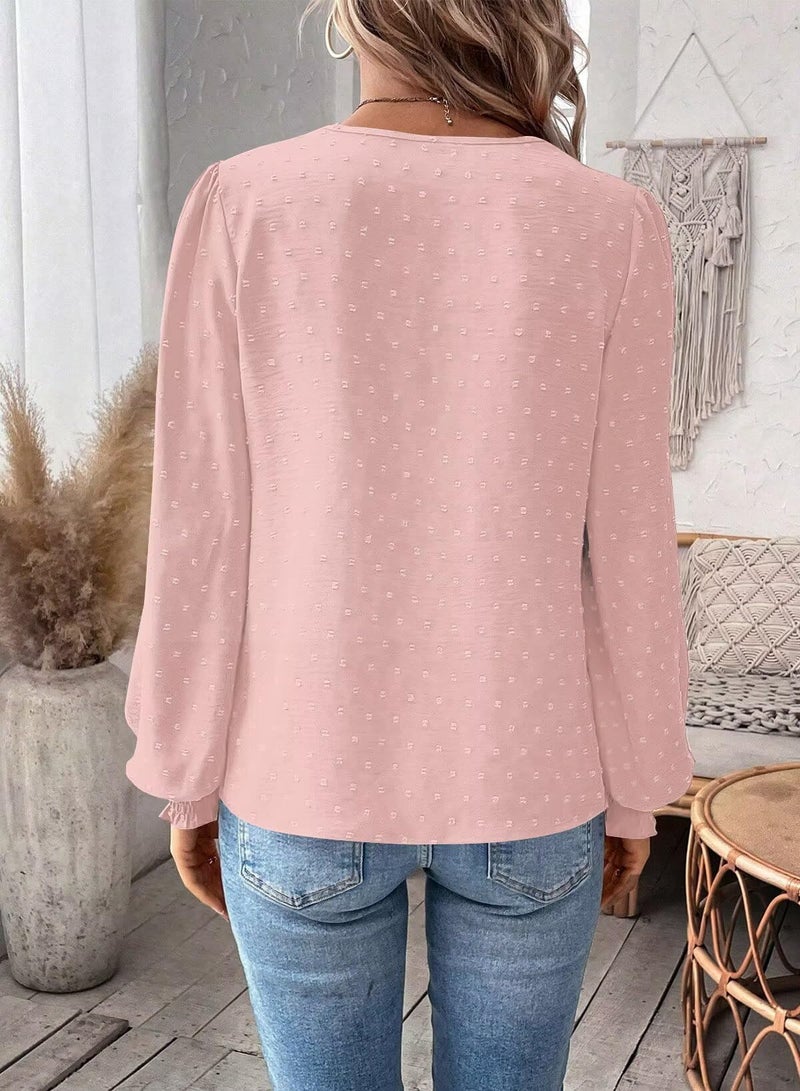 Falechay Winter Tops For Women Swiss Dots Long Sleeve Winter Blouse Boho Solid V Neck Lace Pom Pom Flowy Chiffon Babydoll Light Pink XL - Image 5