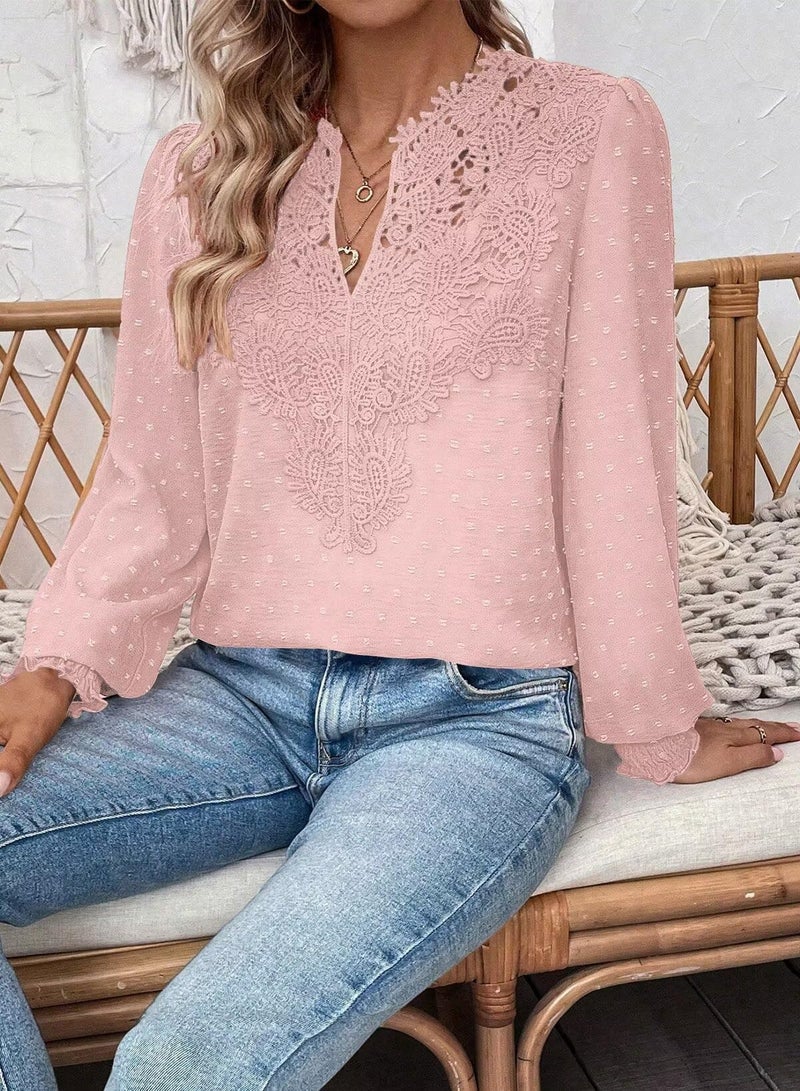 Falechay Winter Tops For Women Swiss Dots Long Sleeve Winter Blouse Boho Solid V Neck Lace Pom Pom Flowy Chiffon Babydoll Light Pink XL - Image 3