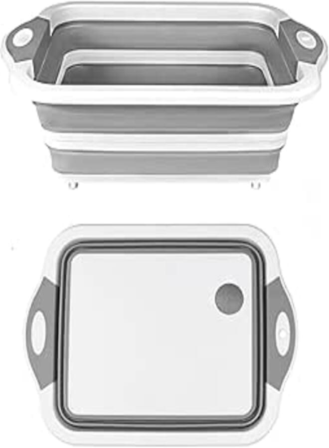 Camping Collapsible Cutting Board, BBQ PrepTub with Lid Drip, Camping Kitchen Sink Dish Washing Station Multifunctional Storage Basket(Grey white)