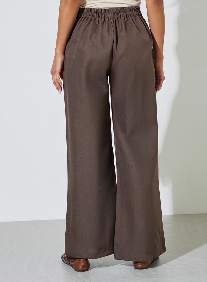 Styli Brown Solid Wide Leg High Rise Trousers - Image 4