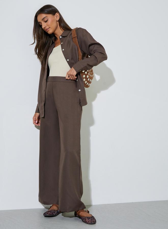 Styli Brown Solid Wide Leg High Rise Trousers - Image 2
