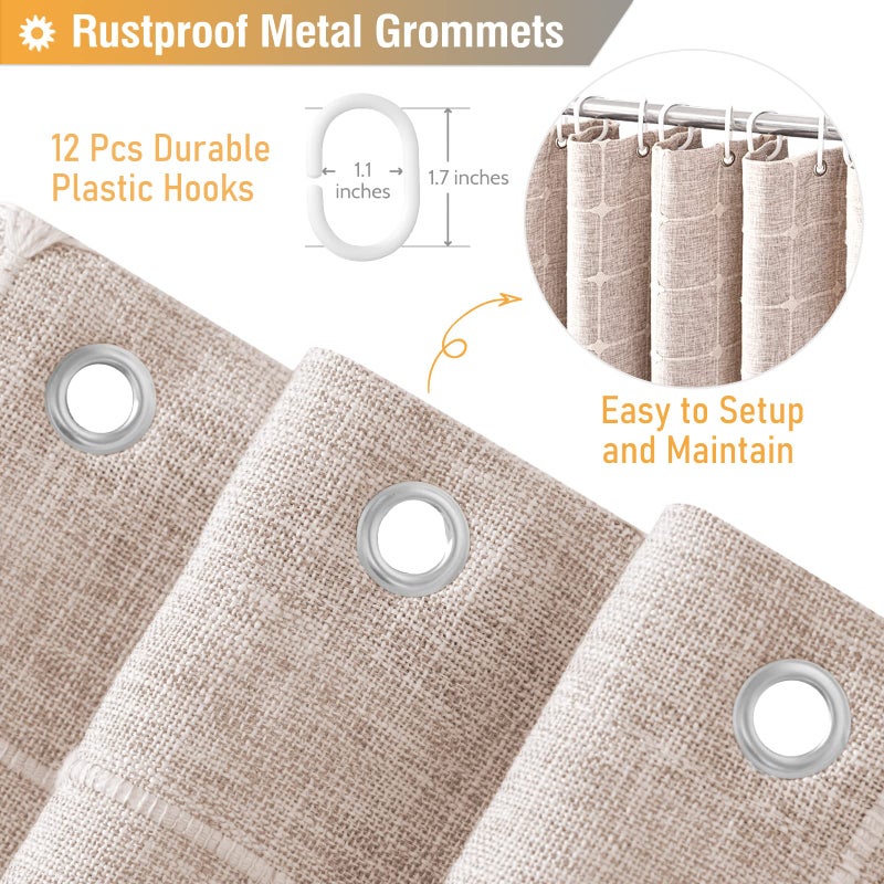 BTTN Boho Farmhouse Shower Curtain, Linen Rustic Heavy Duty Fabric Shower Curtain Set with Tassel, Water Repellent, Bohemian French Country Textured Thick Shower Curtain for Bathroom, Tan/Taupe, 72x72 - Image 5