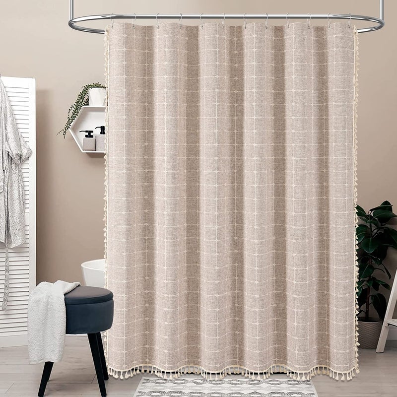 BTTN Boho Farmhouse Shower Curtain, Linen Rustic Heavy Duty Fabric Shower Curtain Set with Tassel, Water Repellent, Bohemian French Country Textured Thick Shower Curtain for Bathroom, Tan/Taupe, 72x72 - Image 2