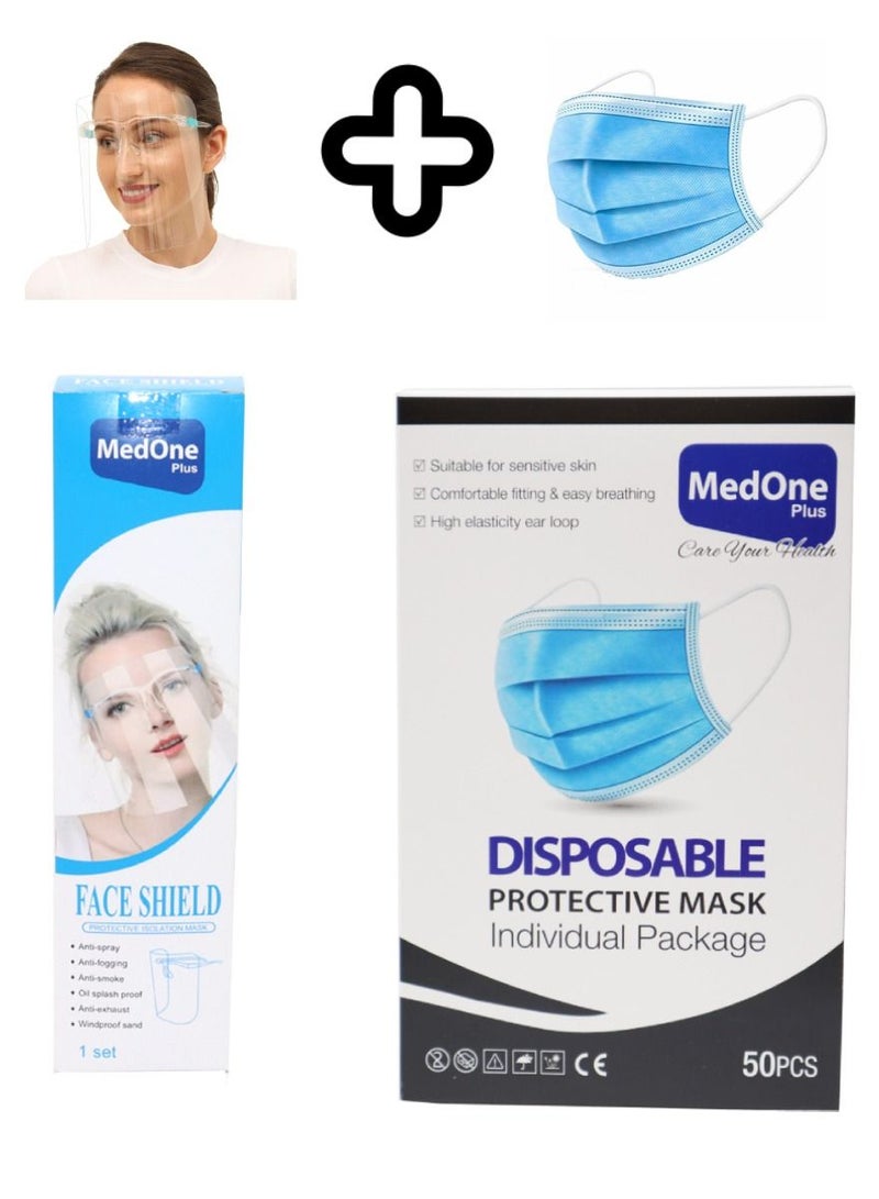 MedOne 50 قطعة قناع ثلاثي الطبقات للاستخدام مرة واحدة ودرع وجه للبالغين - Image 1