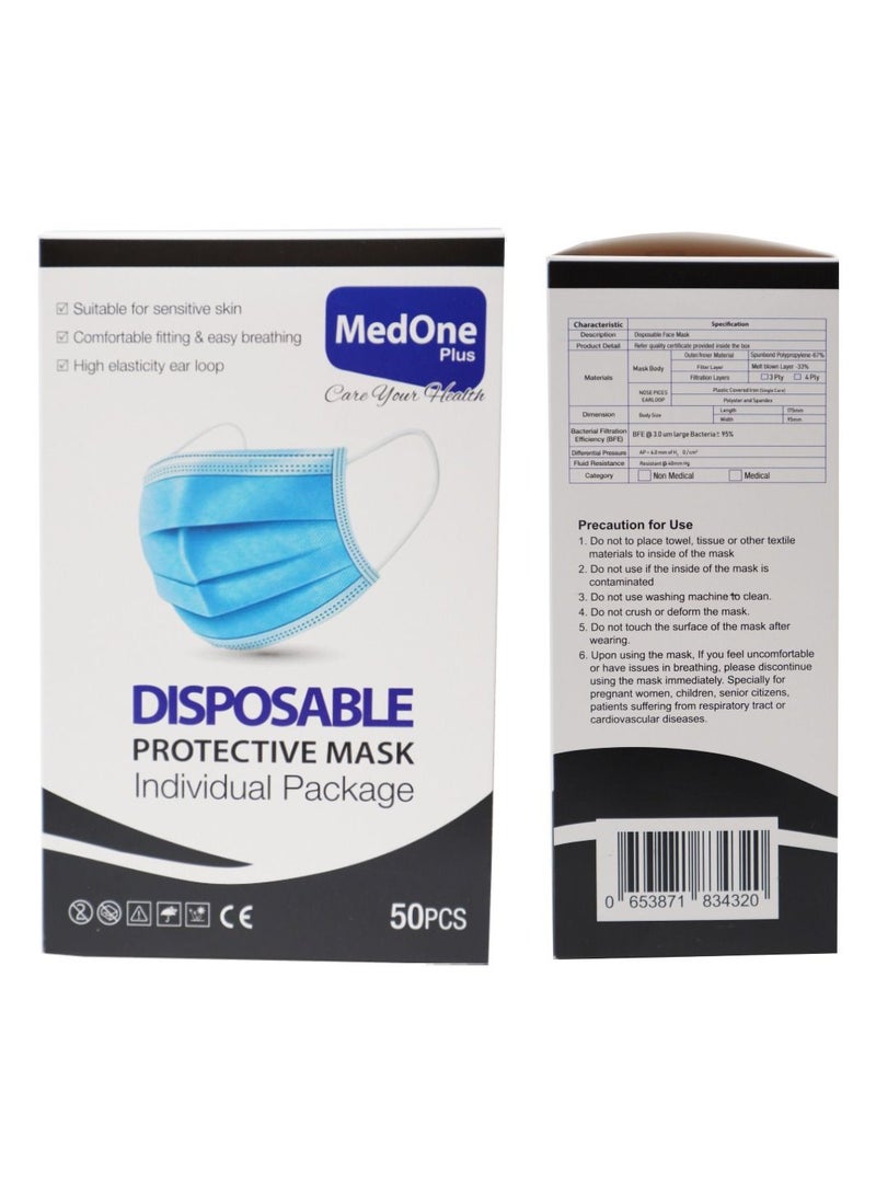 MedOne 50 قطعة قناع ثلاثي الطبقات للاستخدام مرة واحدة ودرع وجه للبالغين - Image 4