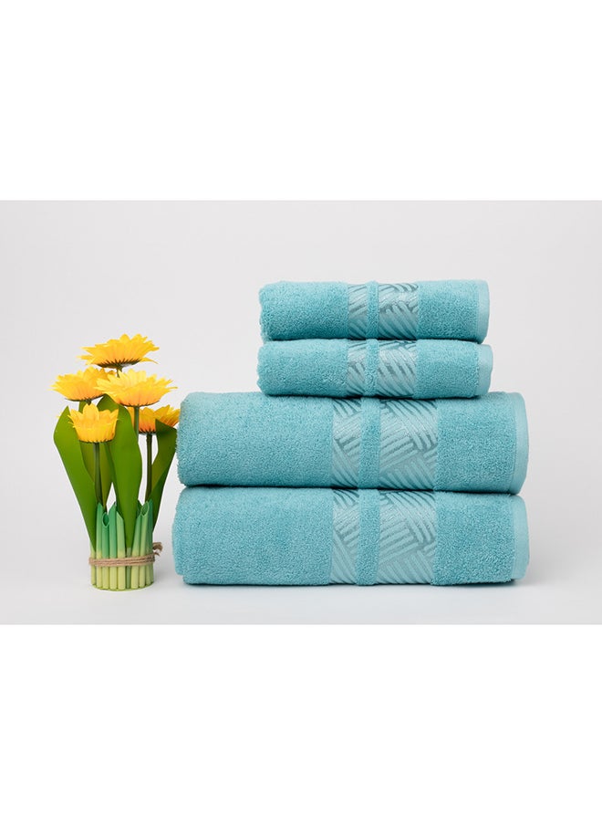 White Rose Towel 4 Piece Bathroom  Set - TRACK - 500 GSM - 100% Cotton Terry - Jacquard Border- 2 Bath  70X140 cm & 2 Hand  50x90 cm- Luxury Touch - Extra Absorbent-Turquoise 