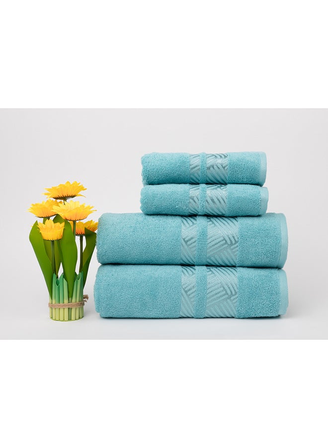White Rose Towel 4 Piece Bathroom  Set - TRACK - 500 GSM - 100% Cotton Terry - Jacquard Border- 2 Bath  70X140 cm & 2 Hand  50x90 cm- Luxury Touch - Extra Absorbent-Turquoise  - Image 1