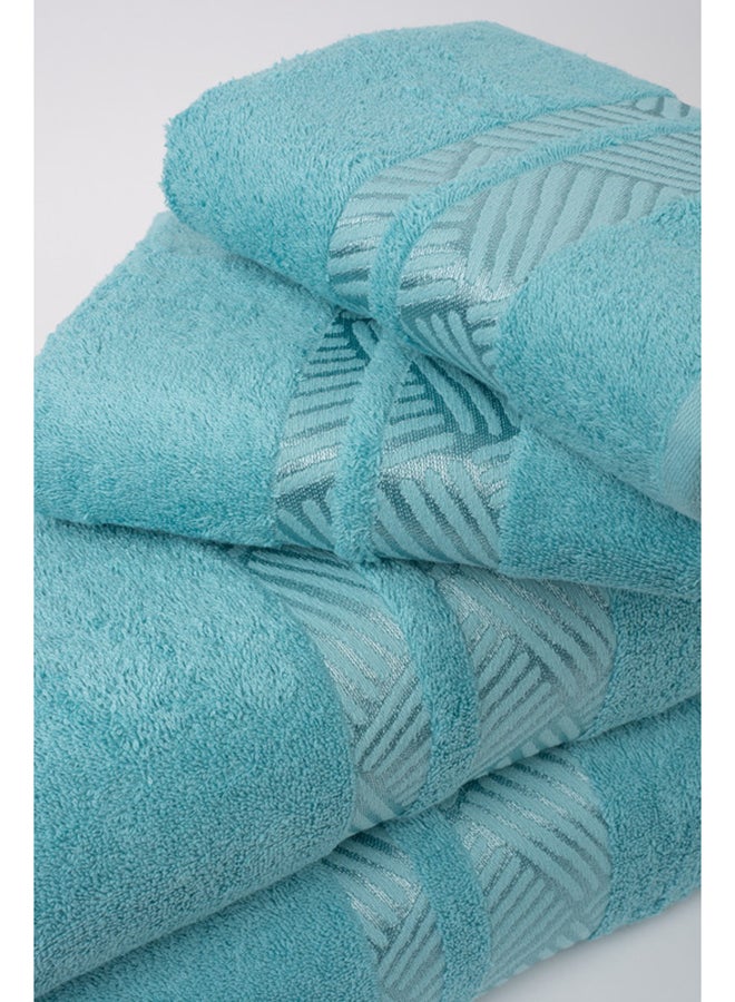 White Rose Towel 4 Piece Bathroom  Set - TRACK - 500 GSM - 100% Cotton Terry - Jacquard Border- 2 Bath  70X140 cm & 2 Hand  50x90 cm- Luxury Touch - Extra Absorbent-Turquoise  - Image 4