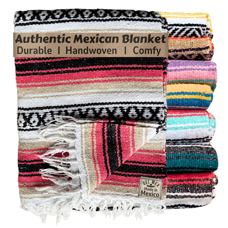 Del Mex Classic Mexican Blanket, Large Authentic Woven Falsa Throw (70"x50"), Artisan Southwest DÃ©cor for Beach, Yoga, Outdoors (Pink/Tan) - Image 1