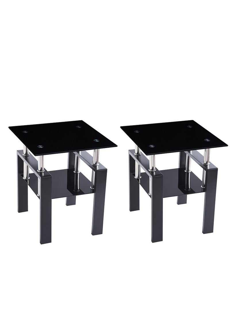 Generic Set of 2 Black Glass End Tables - Modern Two Tiered Nightstand, Square Tempered Glass Table with Metal Frame for Living Room or Bedroom  - Image 1