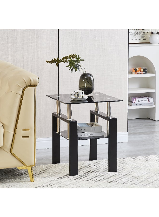 Generic Set of 2 Black Glass End Tables - Modern Two Tiered Nightstand, Square Tempered Glass Table with Metal Frame for Living Room or Bedroom  - Image 4