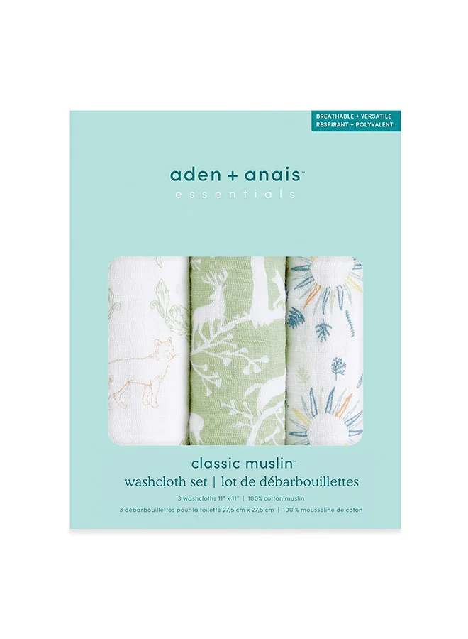 aden + anais Pack of 3 Essentials Classic Washcloth Set, Super Soft 100% Cotton Muslin, Harmony
