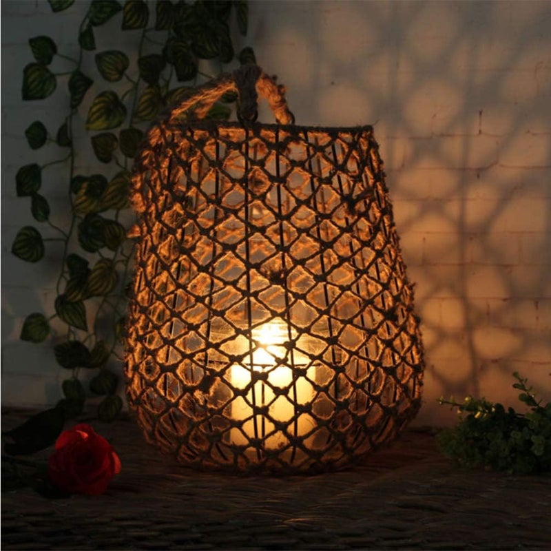 comfrt Metal Decorative Candle Lanterns with Rattan Hemp Rope Cage Rustic Hollow Carved Candle Holders Vintage Hanging Lantern for Wedding Patio Parties Party Decor - Image 1