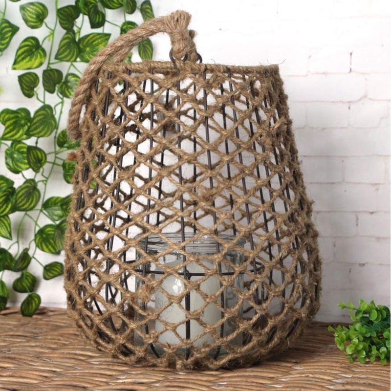 comfrt Metal Decorative Candle Lanterns with Rattan Hemp Rope Cage Rustic Hollow Carved Candle Holders Vintage Hanging Lantern for Wedding Patio Parties Party Decor - Image 2