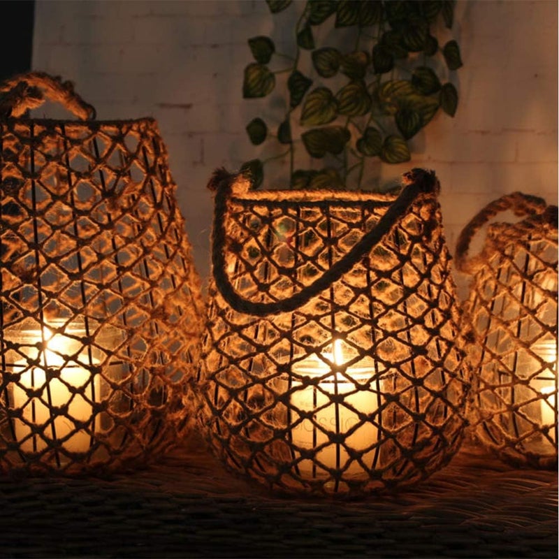 comfrt Metal Decorative Candle Lanterns with Rattan Hemp Rope Cage Rustic Hollow Carved Candle Holders Vintage Hanging Lantern for Wedding Patio Parties Party Decor - Image 3