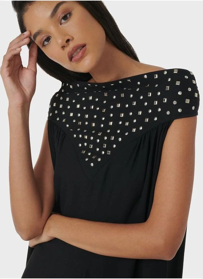 leem Off Shoulders Studs Embellished Kaftan