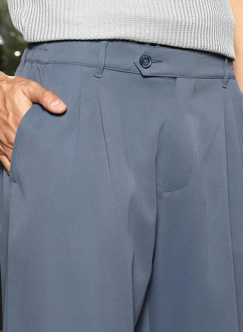 CAHOOT  Men Pleated-Twill Tailored Trousers | Mid-Rise , Side Elasticated Stretch Waist | Half-Button , Cuffed-Straight Hem | Solid Twill | Woven Fabric For Casual & Office Wear | Flint Grey for Men | Best Price UAE