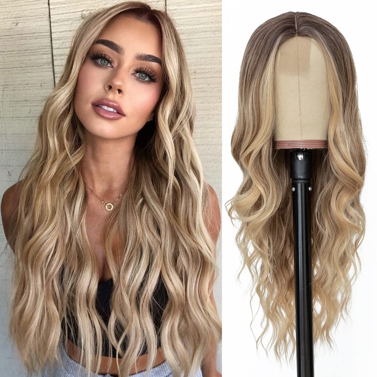 NAYOO Long Ombre Brown Wavy Wig for Women 26 Inch Middle Part Curly Wavy NAYOO 26 Inch Long Dark Brown Wavy Synthetic Wig for Women  main image 2