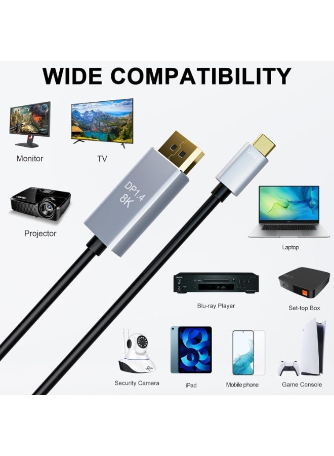 سالاب كابل USB-C إلى DisplayPort، كابل USB-C إلى DisplayPort بطول 1.8 متر، يدعم دقة 8K بمعدل 60 هرتز، كابل USB-C إلى DP يدعم دقة 4K بمعدل 240 هرتز، كابل Thunderbolt 4 إلى DisplayPort، كابل USB-C إلى DP مضفر، متوافق مع iPhone 15 iPhone 17/16/16 Pro/MaxوMacBook Pro/Air وGalaxy - Image 3