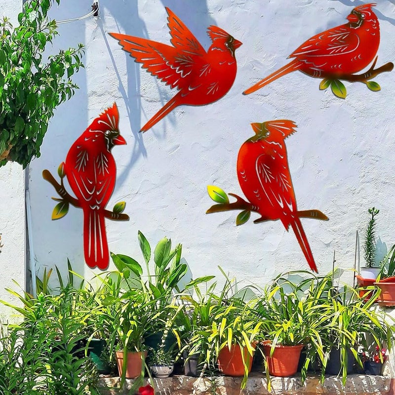 EiGreen Store 4 Pack Metal Cardinal Wall Art Decor Metal Birds 3D Outdoor Sculpture, Ornaments Hand-Made Nimble red Bird, Gifts for Mom,Birthday Gifts for Grandma Wife - Image 1