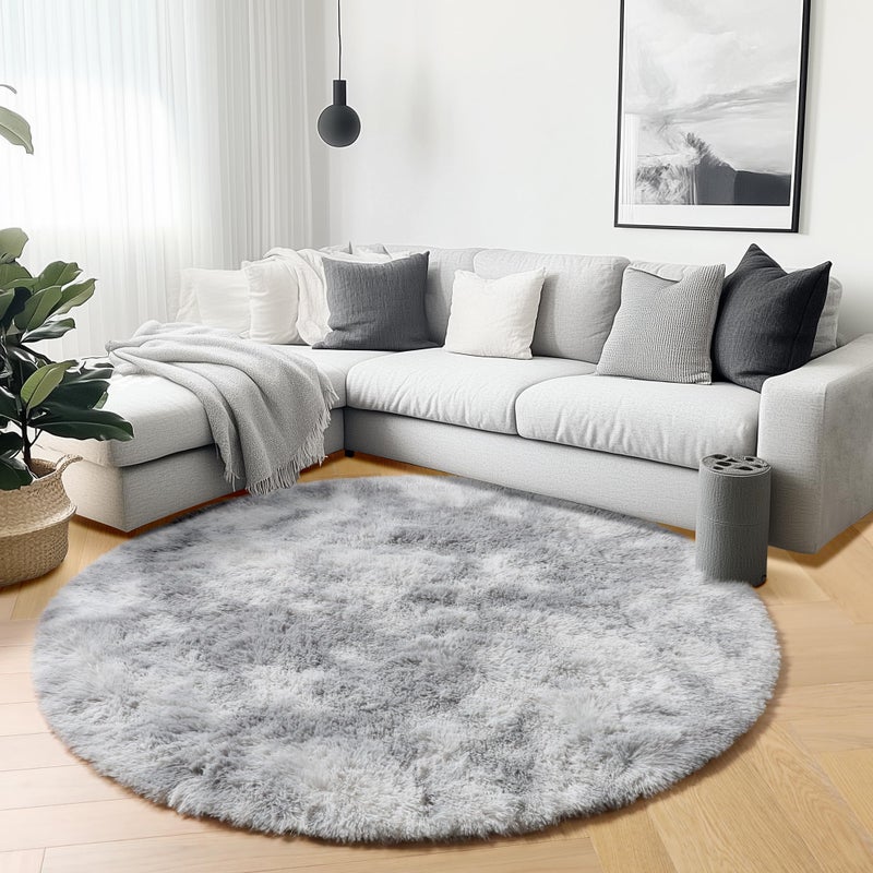 ONASAR TieDyed Light Grey Round Area Rugs 6ft Ultra Soft Bedroom Circle Rug for Kids Girls Boys Teen Room Fluffy Plush Shaggy Carpet Floor Mats for Dorm Nursery Living Room Playroom Home Decor